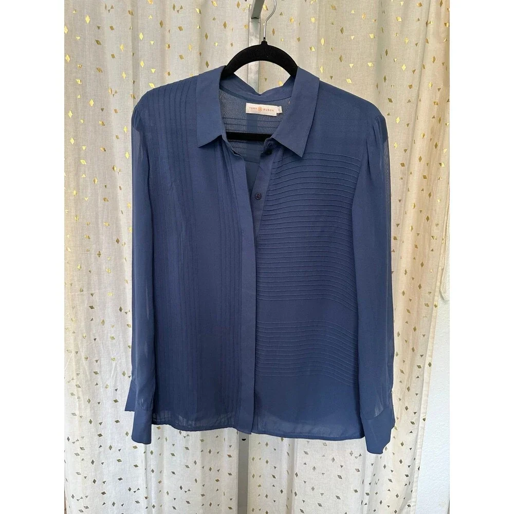 Tory Burch 100% Silk Slate Blue Pintuck Pleats Button Down Blouse 12